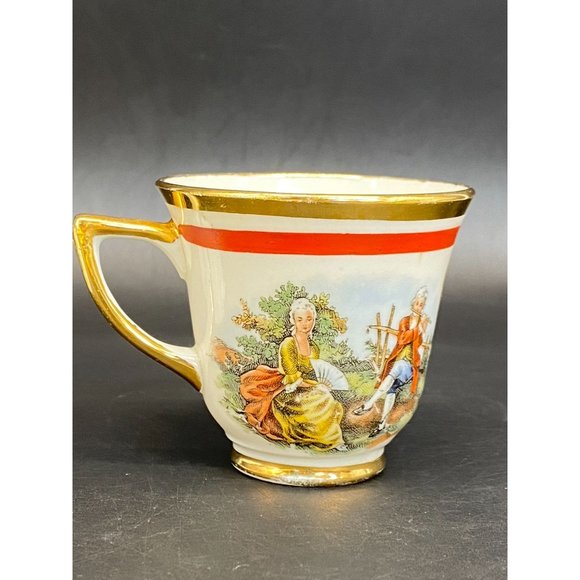 Vintage Courting Couple Demitasse Espresso Teacup Saucer 22KT Gold Flute Player - Picture 7 of 9